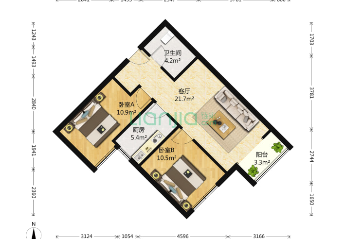2室1厅1卫87.7㎡-天津仕林苑户型图