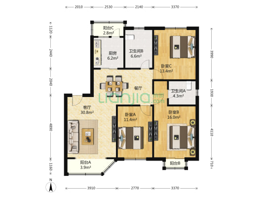 华盛名门 3室2厅2卫 138平方
