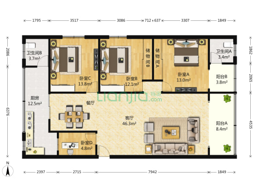 东胜街16号 4室1厅2卫 124平方