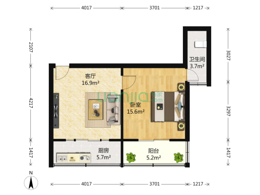金印阳光城 1室1厅1卫 62平方