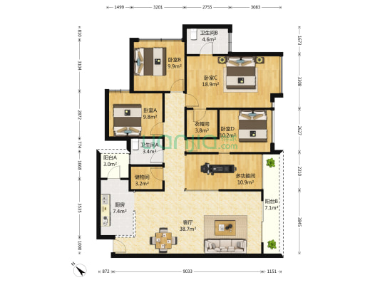 龙湖水晶郦城禧苑 5室1厅2卫 145平方