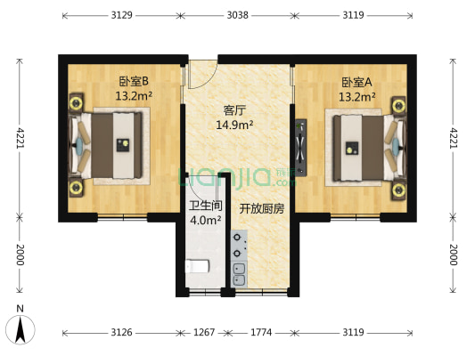 锁金二村 2室1厅1卫 56平方