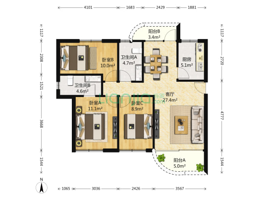 龙城花园 3室1厅2卫 108平方