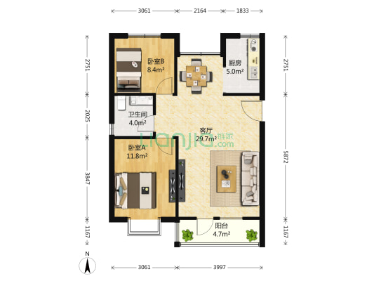 昆俞欣园 2室1厅1卫 88平方