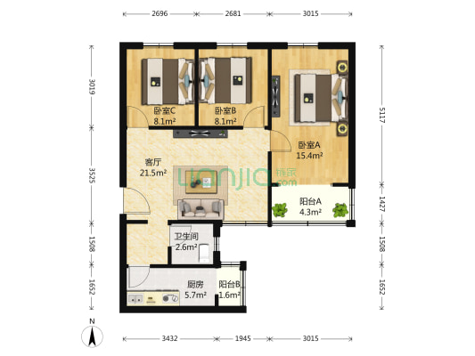 樱花园一区 3室1厅1卫 92平方