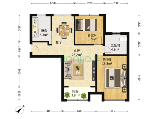 绿地时代名邸一期 2室2厅1卫 84平方