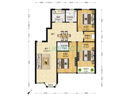 大众家园 3室2厅2卫 144平方