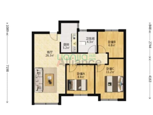 鸿坤理想尔湾 3室2厅 南 北-户型图