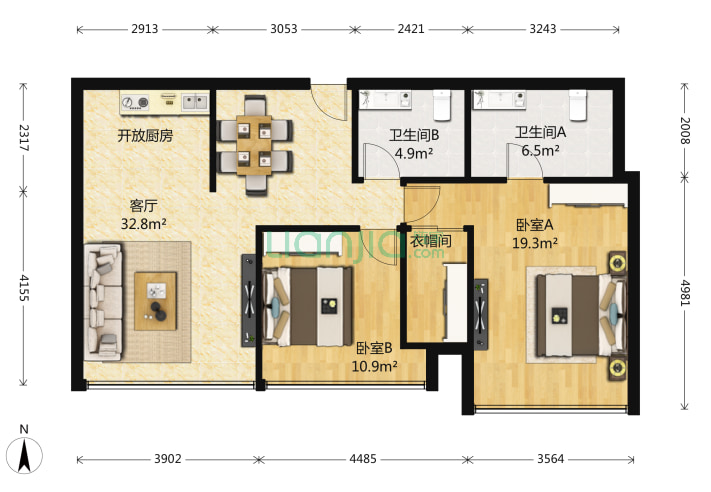 2室1厅2卫134.19㎡-北京大悦城公寓户型图