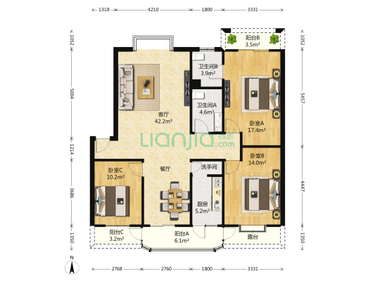 南方花园 3室1厅3卫 133平方