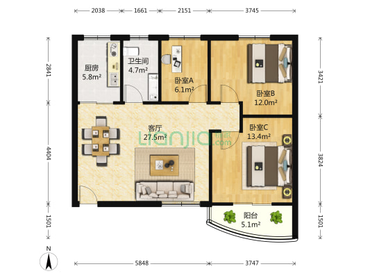 汇东佳韵 3室1厅1卫 93平方