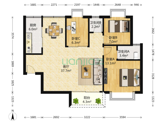 前海华庭 3室1厅2卫 103平方