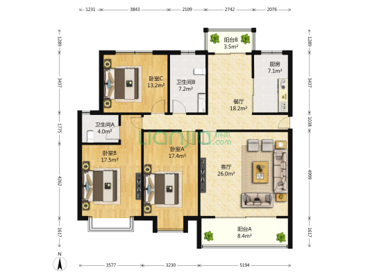 滨湖名都城 3室2厅2卫 133平方