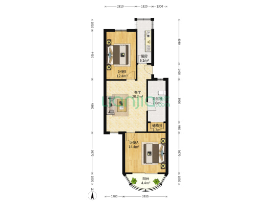 东方明珠小区 2室1厅1卫 77平方