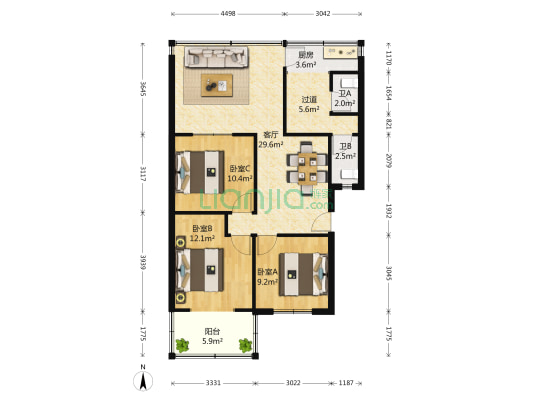 玉林北路2号 3室1厅2卫 72平方