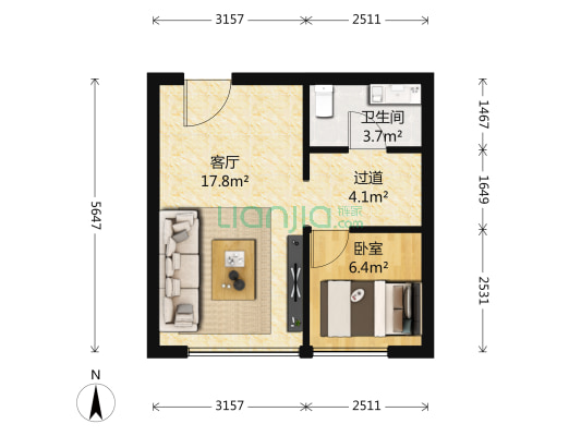 东亚环球国际 1室1厅1卫 51平方