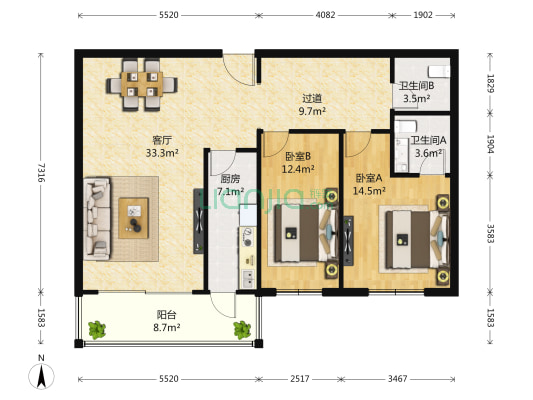拂林园 2室1厅2卫 115平方