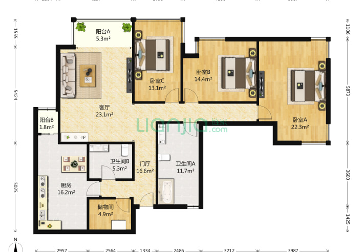 博雅园 3室1厅2卫 171㎡ 户型