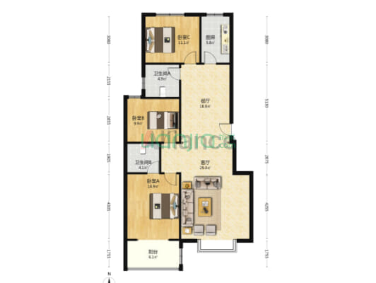天保青花府 3室2厅 南 北-户型图