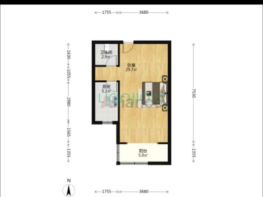 金阳瑞景南向精装修一居室，好楼层-户型图