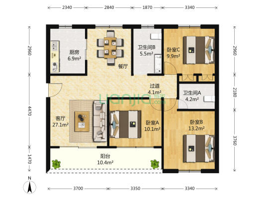 北杰公寓 3室1厅2卫 121平方