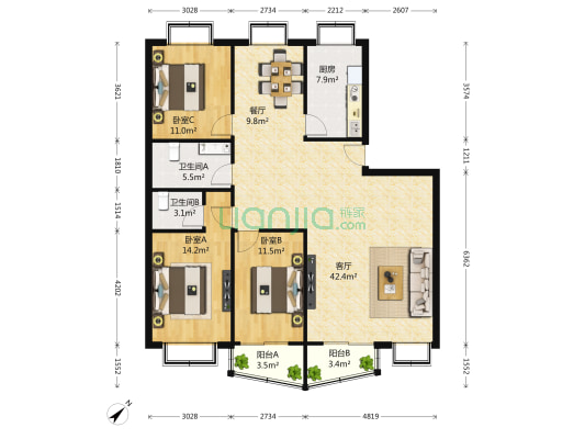 恒佳苑 3室2厅2卫 144平方