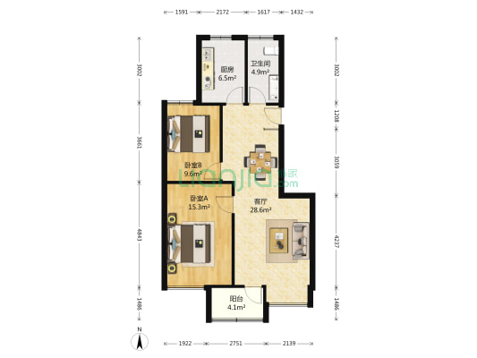 长江绿岛二期 2室1厅1卫 97平方