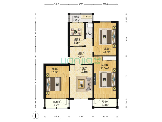 国投宿舍 3室1厅1卫 97平方