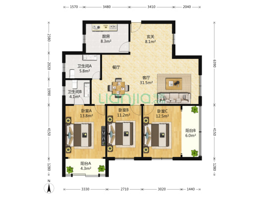 大上海国际花园 3室2厅2卫 123平方