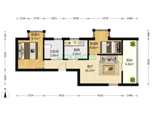 旭日华庭金棕榈南区 2室1厅1卫 66平方