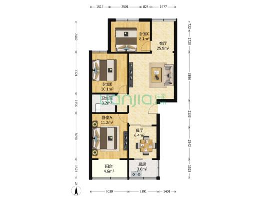 前锋小区 3室2厅1卫 84平方