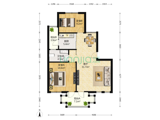 泰跃金河 2室1厅1卫 88平方