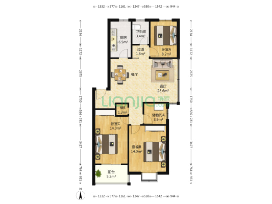 红山花园 3室1厅1卫 110平方