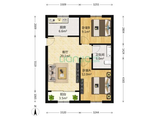 海湾花园 2室1厅1卫 66平方