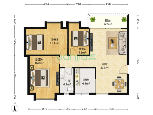 德邻雅筑 3室1厅1卫 111平方