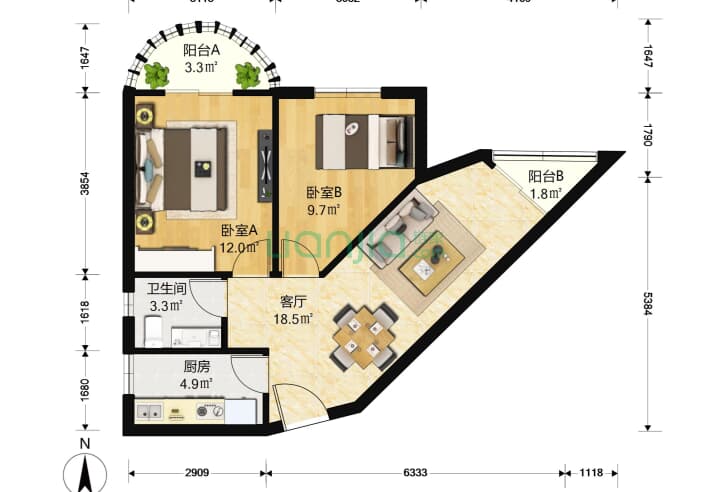 大信大厦 2室1厅1卫 90㎡ 户型