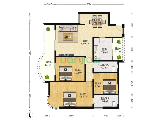 长安丽都 3室1厅2卫 136平方