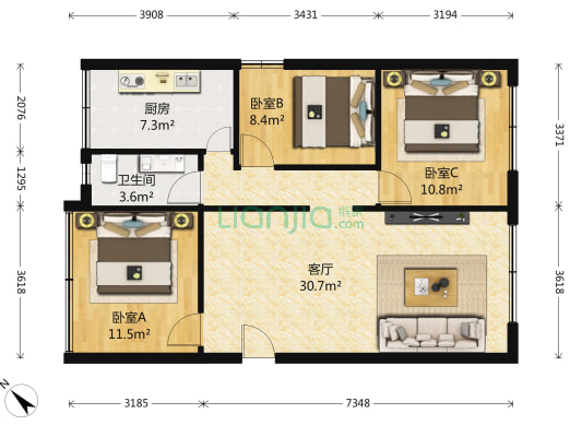 龙腾花园 3室1厅1卫 92平方