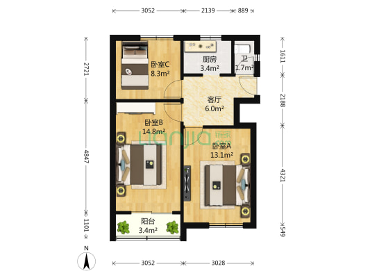 新颖里 3室1厅1卫 46平方
