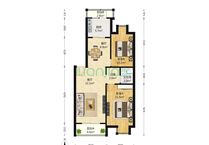 2室2厅1卫88.22-北京北店嘉园户型图