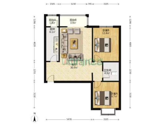 70年大产权，有房本，南北通透两居，明厨明卫，精装修-户型图