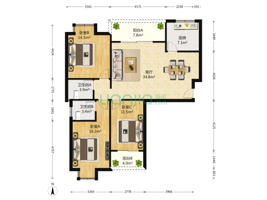 驿鑫乡卿城 3室1厅2卫 128平方