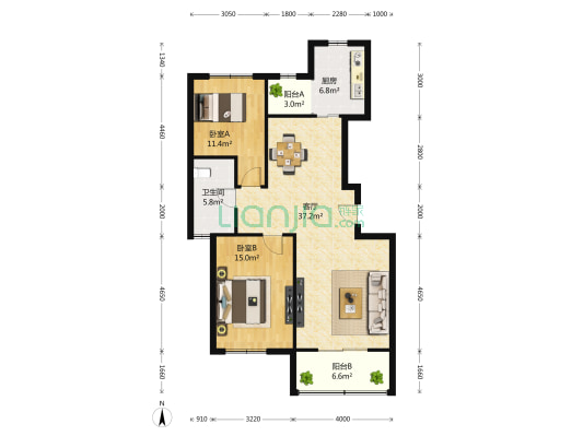 新江湾城雍景苑 2室2厅1卫 105平方