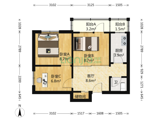 车道沟东里 3室1厅1卫 56平方