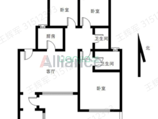 鸿坤理想湾南区 3室2厅 南 北-户型图