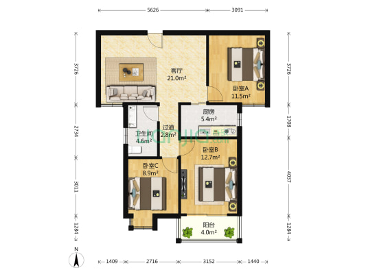 碧湖云溪 3室1厅1卫 91平方