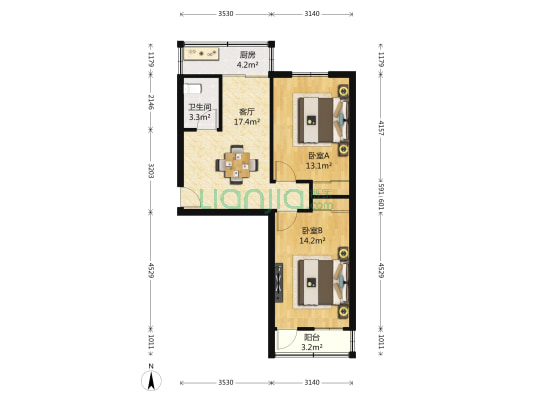 丰乐路1号院 2室1厅1卫 68平方