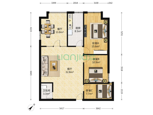 达美广场 3室2厅1卫 134平方