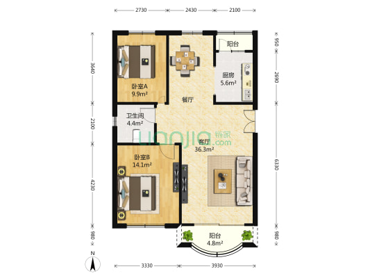 香树丽舍 2室2厅1卫 97平方