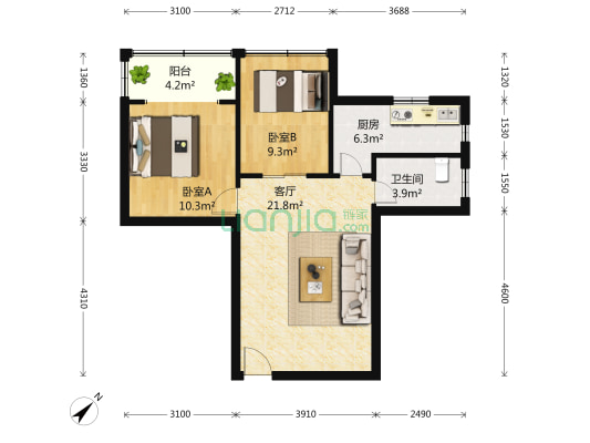 嘉富利大厦 2室1厅1卫 80平方